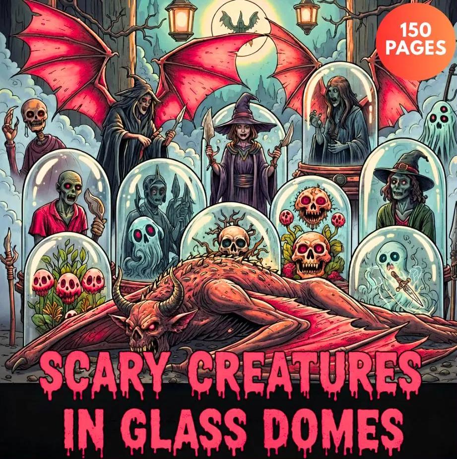 Scary Creatures in Glass Domes — printable PDF coloring book