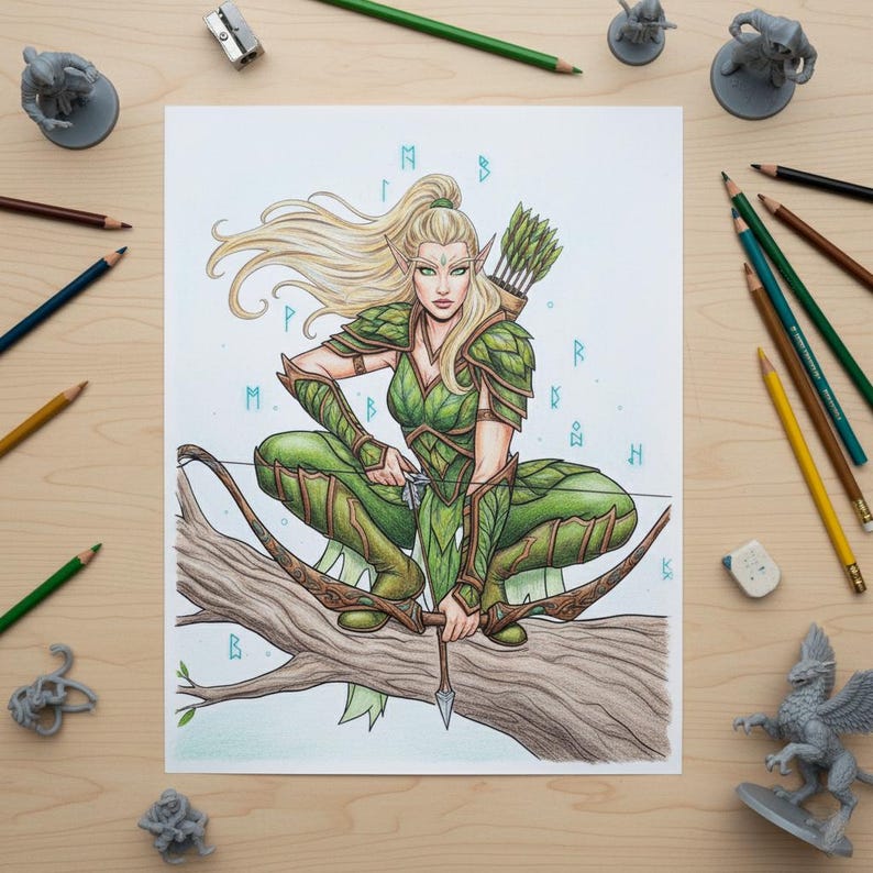 May include: A detailed illustration of an elf archer in green armor, drawing a bow. The artwork features a blonde-haired elf with a bow and arrow, set against a backdrop of runes. Colored pencils and miniature figurines surround the artwork.