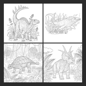 A collage of four black and white dinosaur coloring pages featuring a Stegosaurus, Triceratops, Ankylosaurus, and a long-necked marine reptile in prehistoric landscapes. Inside page preview from the Dinosaur Coloring Book