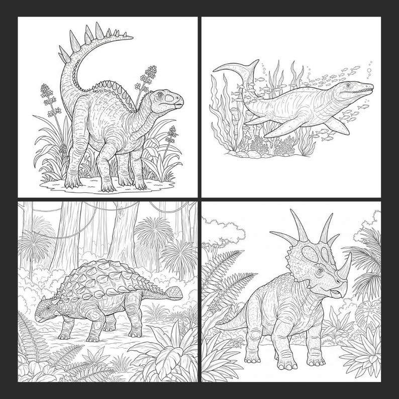 A collage of four black and white dinosaur coloring pages featuring a Stegosaurus, Triceratops, Ankylosaurus, and a long-necked marine reptile in prehistoric landscapes. Inside page preview from the Dinosaur Coloring Book