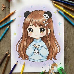 May include: A vibrant illustration of a cartoon girl with long brown hair, wearing a light blue sweater with a panda design. The drawing is surrounded by coloured pencils, a pencil sharpener, and small toy animals.