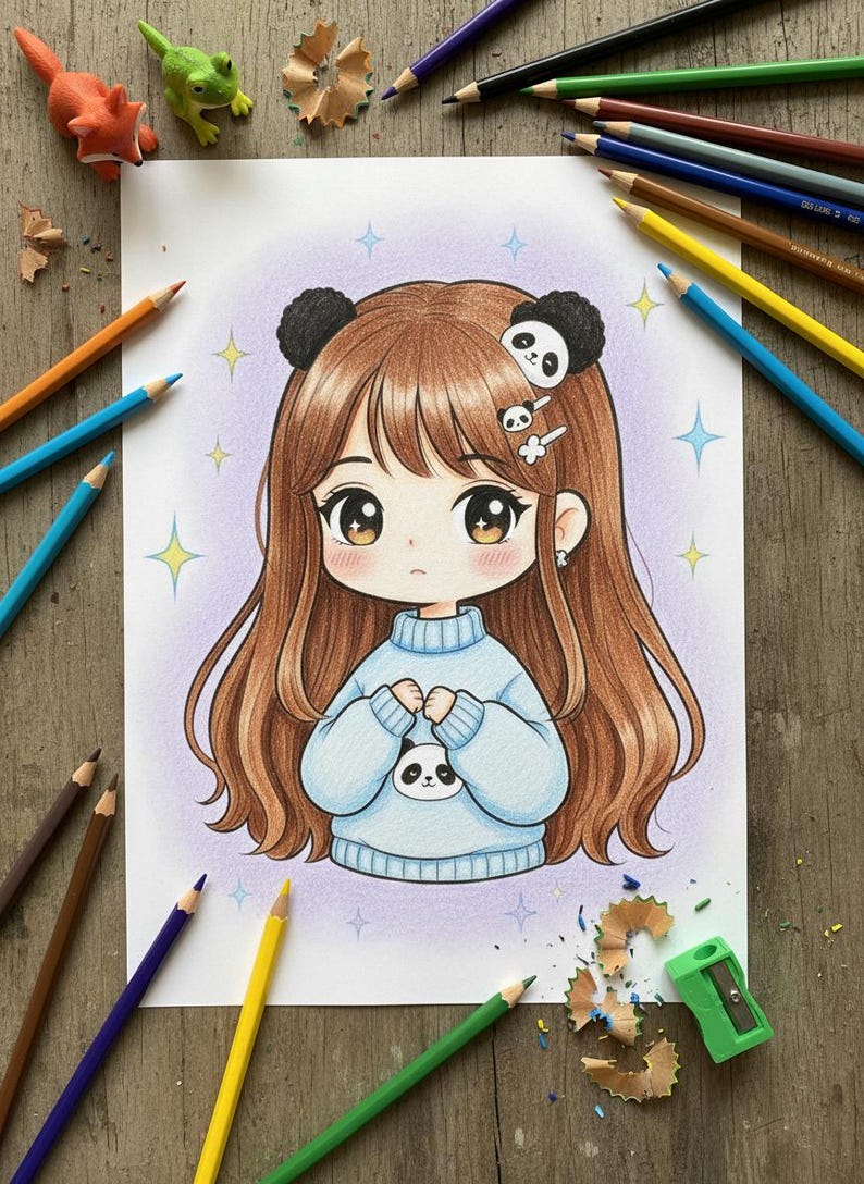 May include: A vibrant illustration of a cartoon girl with long brown hair, wearing a light blue sweater with a panda design. The drawing is surrounded by coloured pencils, a pencil sharpener, and small toy animals.