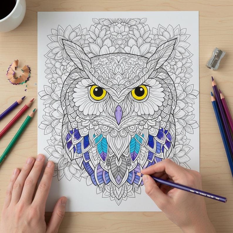 以下が含まれることがあります： 複雑な花柄模様が描かれた、詳細なフクロウの塗り絵。フクロウの目は黄色で、羽は黒と白で縁取られ、青と紫のアクセントが施されています。色鉛筆が近くにあり、手で色を塗っています。