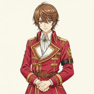 May include: An illustration of a person wearing a red military-style jacket with gold trim and buttons. The jacket has a high collar and a white shirt underneath. The person has brown hair and is wearing a belt.