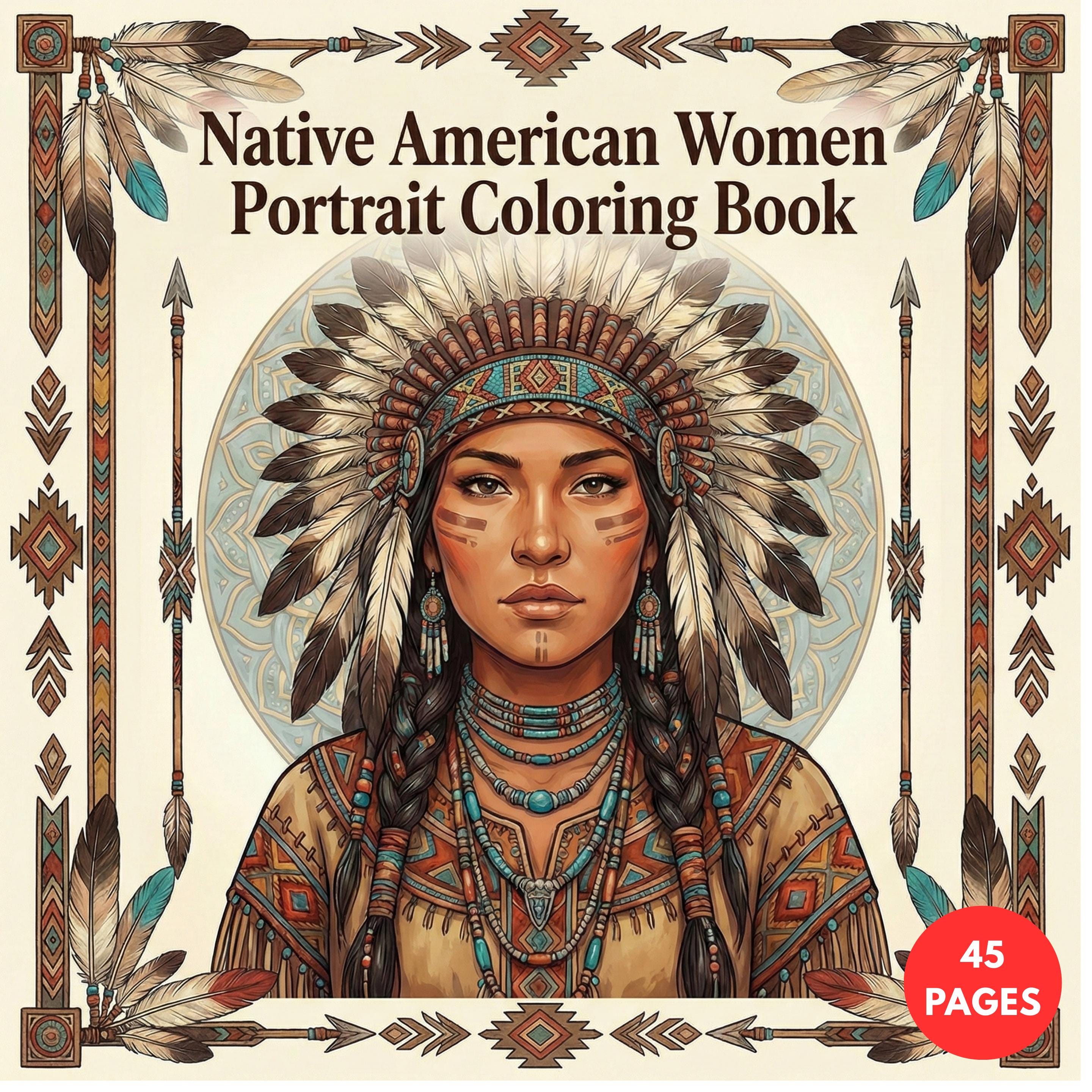 Native American Women Portrait — printable PDF coloring book