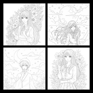 May include: Four-panel black and white illustration featuring anime-style characters. Each panel depicts a person with long hair, surrounded by flowers, a moon, and clouds. The illustrations are suitable for coloring.