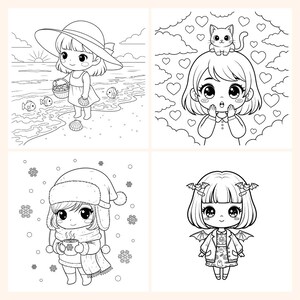 May include: Four black and white illustrations of cartoon girls. One is at the beach, another has a cat on her head, a third is in winter clothes, and the last has bat wings.