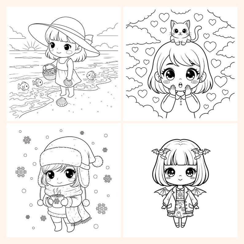 May include: Four black and white illustrations of cartoon girls. One is at the beach, another has a cat on her head, a third is in winter clothes, and the last has bat wings.