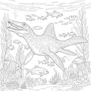 A detailed black and white line art coloring page of a Mosasaurus swimming underwater among a school of fish, sea kelp, and a coral reef. This high-quality interior preview from our 160-page Jurassic World Adventure coloring book is a perfect educational activity for fans of marine reptiles