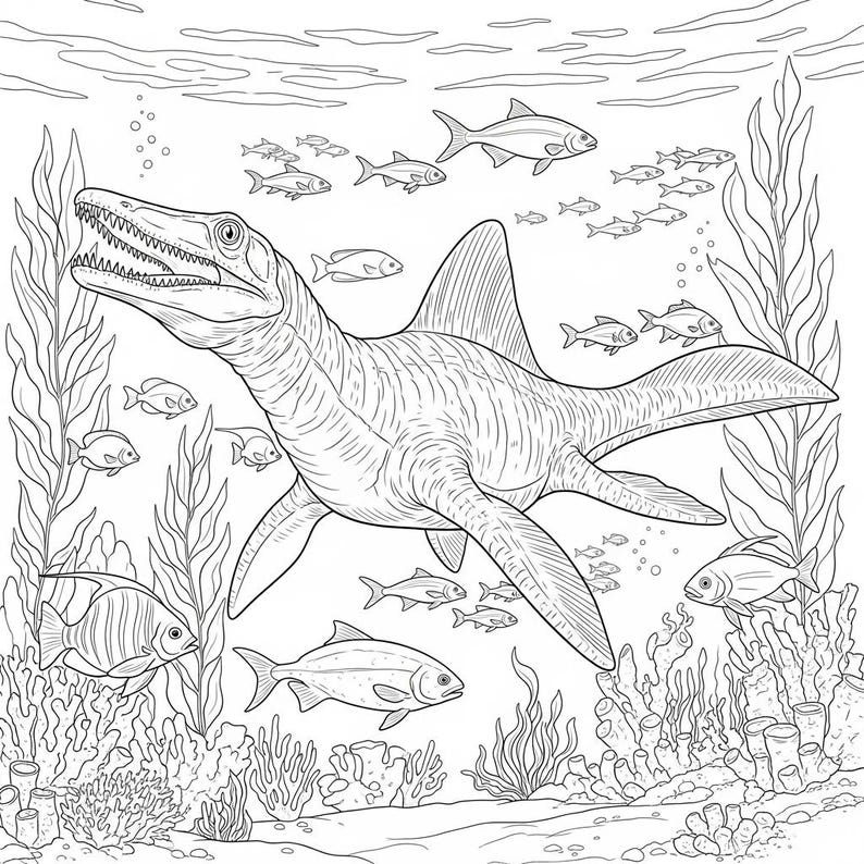 A detailed black and white line art coloring page of a Mosasaurus swimming underwater among a school of fish, sea kelp, and a coral reef. This high-quality interior preview from our 160-page Jurassic World Adventure coloring book is a perfect educational activity for fans of marine reptiles