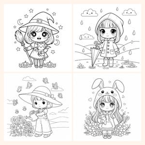 May include: Four black and white illustrations of cartoon girls in different scenarios. One is a witch, another in the rain, a third gardening, and the last in a bunny outfit. Ideal for colouring.