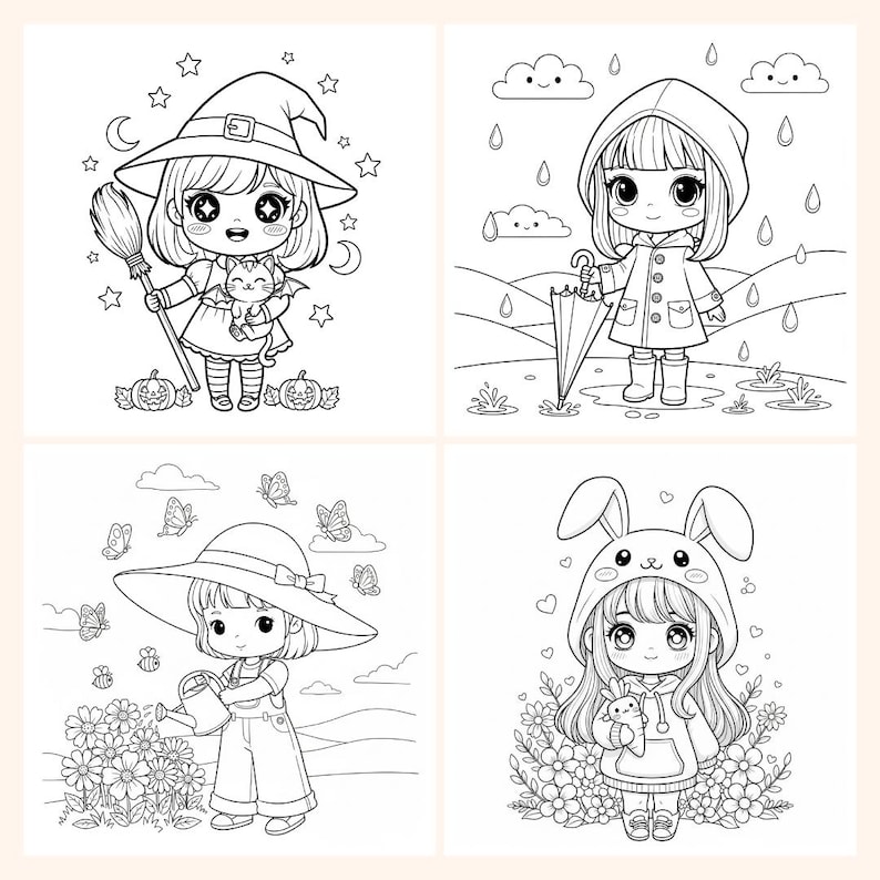 May include: Four black and white illustrations of cartoon girls in different scenarios. One is a witch, another in the rain, a third gardening, and the last in a bunny outfit. Ideal for colouring.