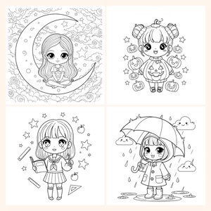 May include: Four black and white illustrations of cute anime-style girls. One girl sits on a crescent moon, another wears a pumpkin costume, a third holds a book and pencil, and the last one stands in the rain with an umbrella.