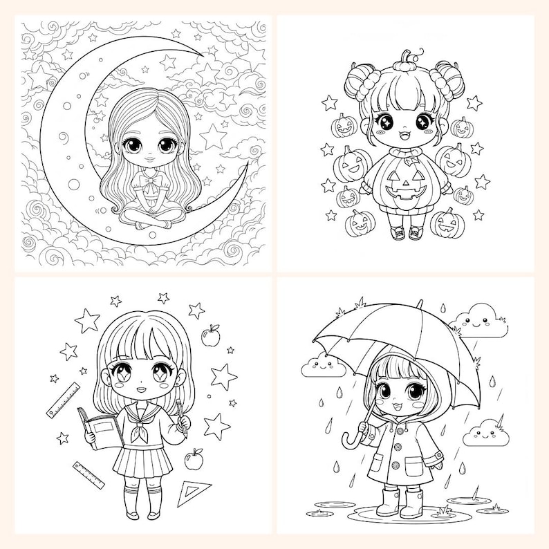 May include: Four black and white illustrations of cute anime-style girls. One girl sits on a crescent moon, another wears a pumpkin costume, a third holds a book and pencil, and the last one stands in the rain with an umbrella.
