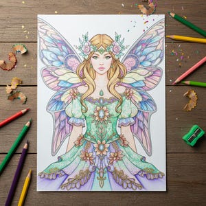 Pu&ograve; includere: Una pagina da colorare dettagliata di una fata con capelli biondi, una corona floreale e grandi ali colorate. La fata indossa un abito verde e viola ornato di dettagli floreali e gioielli. Matite colorate e trucioli sono sparsi.