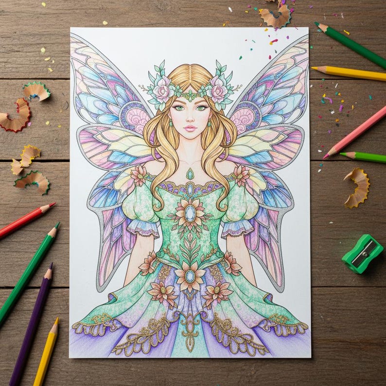 Pu&ograve; includere: Una pagina da colorare dettagliata di una fata con capelli biondi, una corona floreale e grandi ali colorate. La fata indossa un abito verde e viola ornato di dettagli floreali e gioielli. Matite colorate e trucioli sono sparsi.