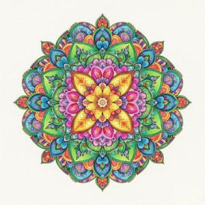 Peut inclure: Un design de mandala sym&eacute;trique et vibrant. Il pr&eacute;sente une fleur jaune centrale avec des accents orange, entour&eacute;e de couches de formes en forme de p&eacute;tales roses, vertes, bleues et oranges. L'&oelig;uvre est sur fond blanc.