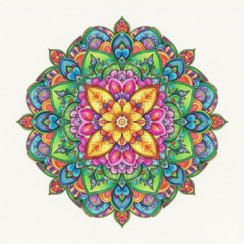 Peut inclure: Un design de mandala sym&eacute;trique et vibrant. Il pr&eacute;sente une fleur jaune centrale avec des accents orange, entour&eacute;e de couches de formes en forme de p&eacute;tales roses, vertes, bleues et oranges. L'&oelig;uvre est sur fond blanc.