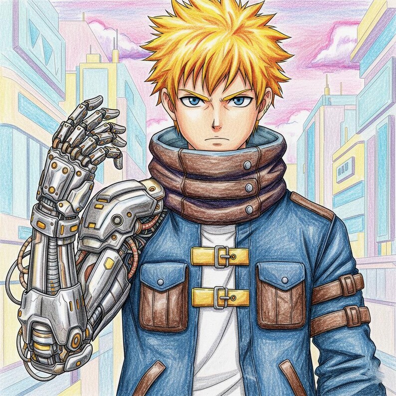May include: A digital illustration of a person with spiky blonde hair and blue eyes, wearing a blue jacket with brown accents and a white shirt. The person has a silver robotic arm. The background shows a city with colorful buildings.