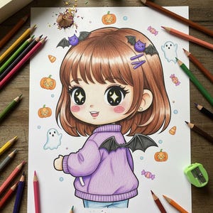 May include: A Halloween-themed illustration of a cartoon girl with brown hair, wearing a purple sweater and bat hair clips. The drawing includes pumpkins, ghosts, candy, and coloured pencils.