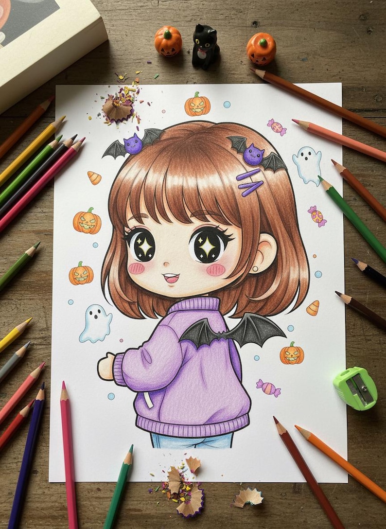 May include: A Halloween-themed illustration of a cartoon girl with brown hair, wearing a purple sweater and bat hair clips. The drawing includes pumpkins, ghosts, candy, and coloured pencils.