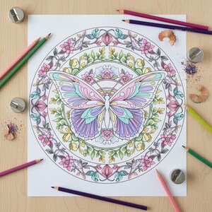 May include: A detailed butterfly coloring page with a floral mandala design. The butterfly is in pastel colors, surrounded by pink flowers and green leaves. Colored pencils and sharpeners are scattered around the page.