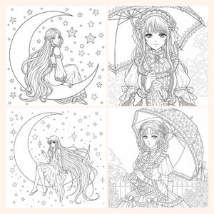 May include: Four-panel coloring book page featuring anime-style illustrations. Two panels depict women with long hair seated on crescent moons surrounded by stars. The other two panels show women holding parasols, with detailed clothing and floral backgrounds.