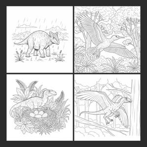 A collage of four black and white dinosaur coloring pages featuring a dinosaur in the rain, a flying pterosaur, a dinosaur with a nest of eggs, and a feathered prehistoric bird. An inside page preview of the Jurassic World adventure coloring book for kids.