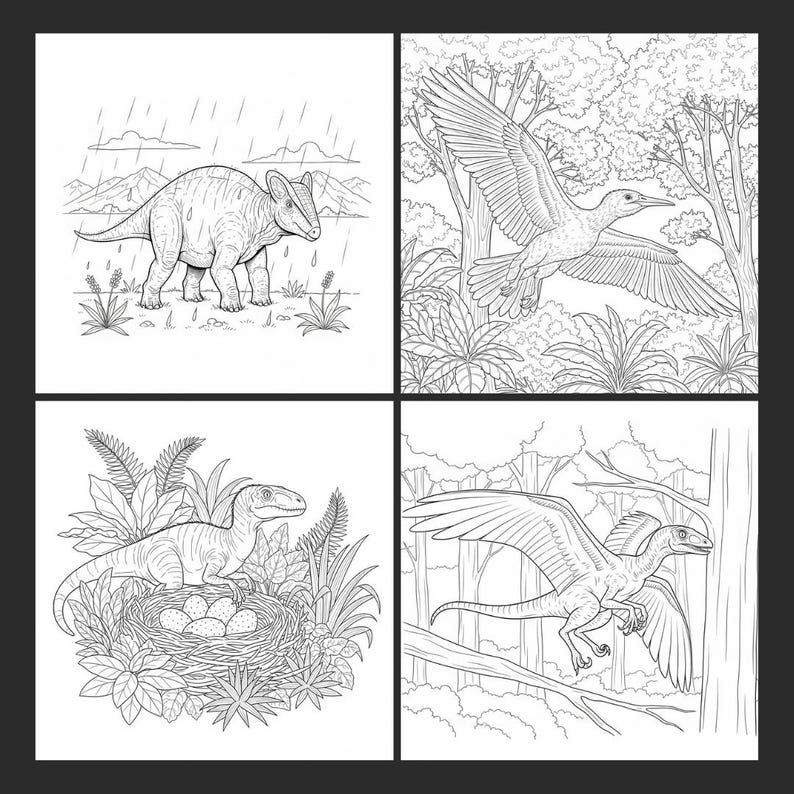 A collage of four black and white dinosaur coloring pages featuring a dinosaur in the rain, a flying pterosaur, a dinosaur with a nest of eggs, and a feathered prehistoric bird. An inside page preview of the Jurassic World adventure coloring book for kids.