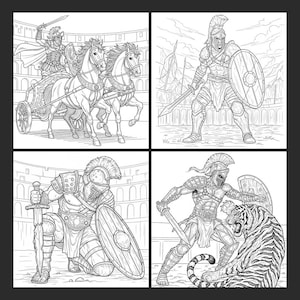 May include: Four-panel black and white illustration of gladiators in combat. Depictions include a chariot race, a gladiator with a sword and shield, a kneeling gladiator, and a gladiator fighting a tiger.