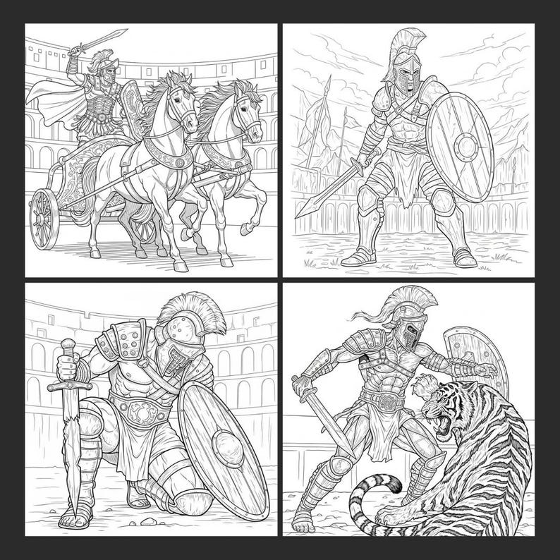 May include: Four-panel black and white illustration of gladiators in combat. Depictions include a chariot race, a gladiator with a sword and shield, a kneeling gladiator, and a gladiator fighting a tiger.