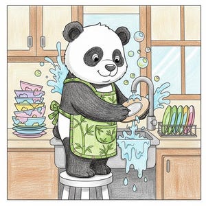 May include: A cartoon illustration of a panda washing dishes in a kitchen. The panda, wearing a green apron, stands on a stool and washes a plate under a running faucet. Colorful dishes are stacked nearby, with bubbles and water splashes.