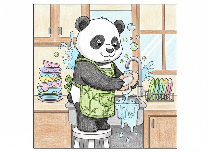 May include: A cartoon illustration of a panda washing dishes in a kitchen. The panda, wearing a green apron, stands on a stool and washes a plate under a running faucet. Colorful dishes are stacked nearby, with bubbles and water splashes.
