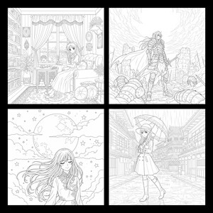 May include: Four-panel black and white illustration featuring anime-style characters in various settings. Scenes include a woman in a room, a warrior in a battlefield, a woman under a full moon, and a woman with an umbrella in a city.