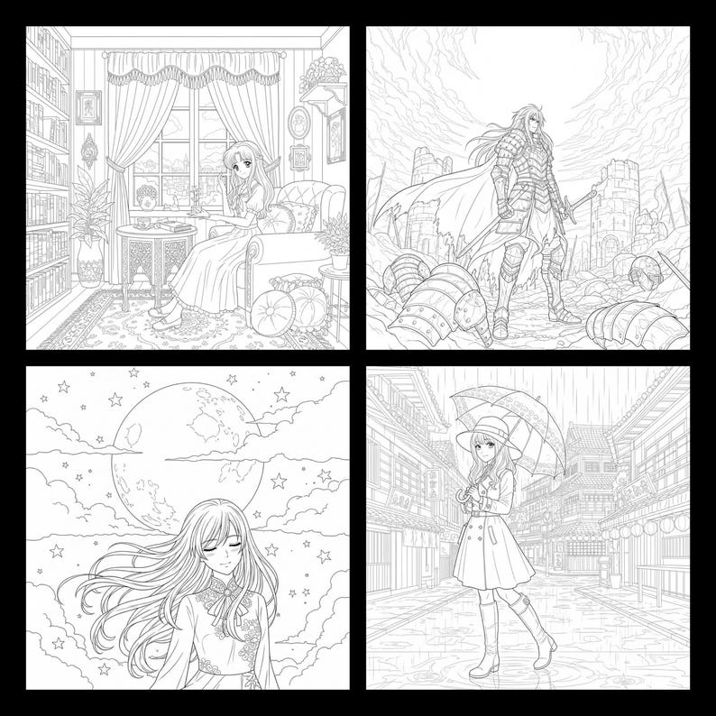 May include: Four-panel black and white illustration featuring anime-style characters in various settings. Scenes include a woman in a room, a warrior in a battlefield, a woman under a full moon, and a woman with an umbrella in a city.