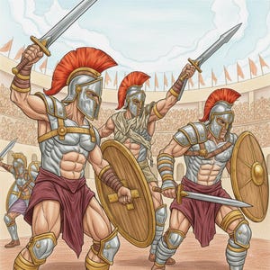 May include: Illustration of gladiators in a Roman arena. The gladiators wear silver helmets with red crests, armour, and red skirts. They hold swords and shields, with the crowd and flags in the background. The artwork has a comic book style.
