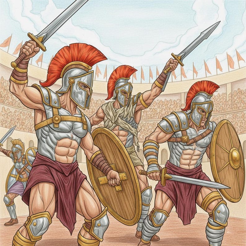 May include: Illustration of gladiators in a Roman arena. The gladiators wear silver helmets with red crests, armour, and red skirts. They hold swords and shields, with the crowd and flags in the background. The artwork has a comic book style.
