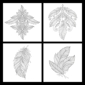 A black and white 4-grid preview showcasing detailed feather line art from a 60-page coloring book collection. The designs feature high-quality symmetrical bohemian feather arrangements with ornate swirls, jewels, and tribal patterns, alongside elegant single and grouped feather illustrations. These intricate pages are optimized for adult relaxation, boho-themed art therapy, and printable meditation activities.