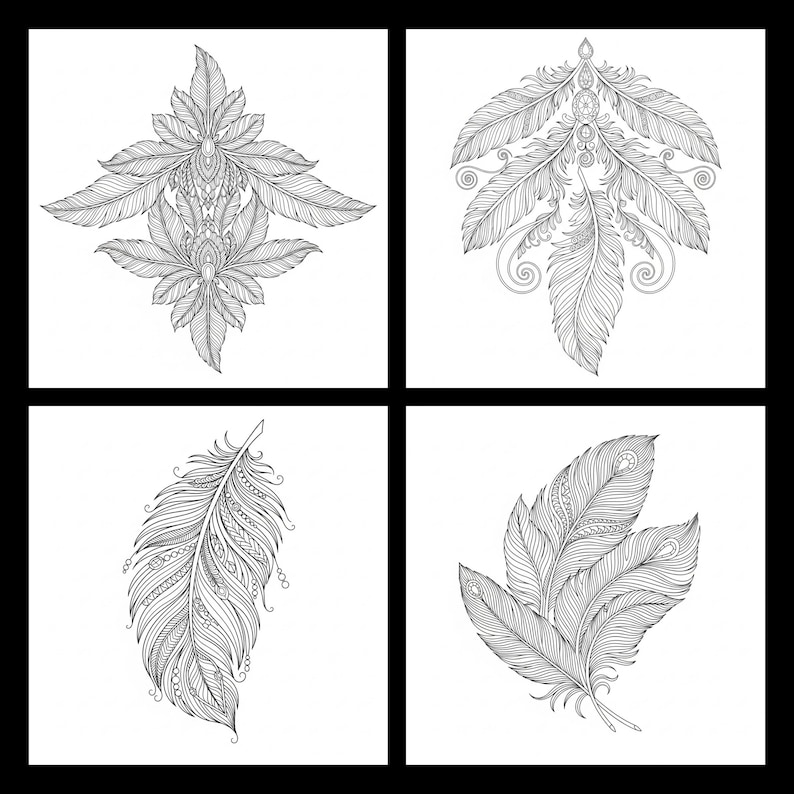 A black and white 4-grid preview showcasing detailed feather line art from a 60-page coloring book collection. The designs feature high-quality symmetrical bohemian feather arrangements with ornate swirls, jewels, and tribal patterns, alongside elegant single and grouped feather illustrations. These intricate pages are optimized for adult relaxation, boho-themed art therapy, and printable meditation activities.