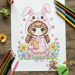 May include: A vibrant illustration of a girl in a pink bunny hoodie holding a carrot toy, with flowers and hearts. Colouring pencils and a pencil sharpener are on a wooden surface. The drawing is a charming illustration.