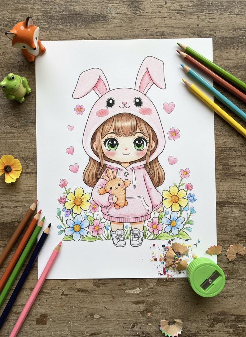 May include: A vibrant illustration of a girl in a pink bunny hoodie holding a carrot toy, with flowers and hearts. Colouring pencils and a pencil sharpener are on a wooden surface. The drawing is a charming illustration.