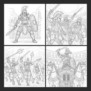 May include: Four-panel black and white illustration of gladiators. One panel shows a gladiator with a sword and shield. Other panels depict gladiators in combat, including a chariot scene, all in a Roman arena setting.