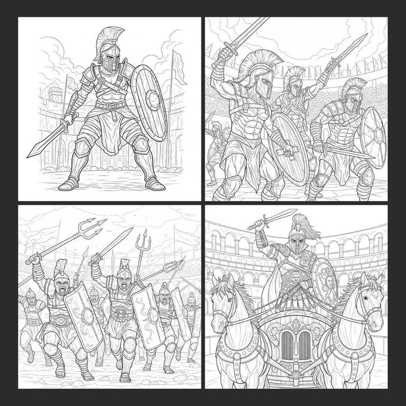 May include: Four-panel black and white illustration of gladiators. One panel shows a gladiator with a sword and shield. Other panels depict gladiators in combat, including a chariot scene, all in a Roman arena setting.