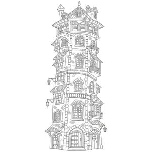 May include: Detailed black and white illustration of a tall, whimsical tower. The tower features multiple levels with arched windows, balconies, and a peaked roof. Exterior details include lanterns and a brick facade, creating a fairytale aesthetic.