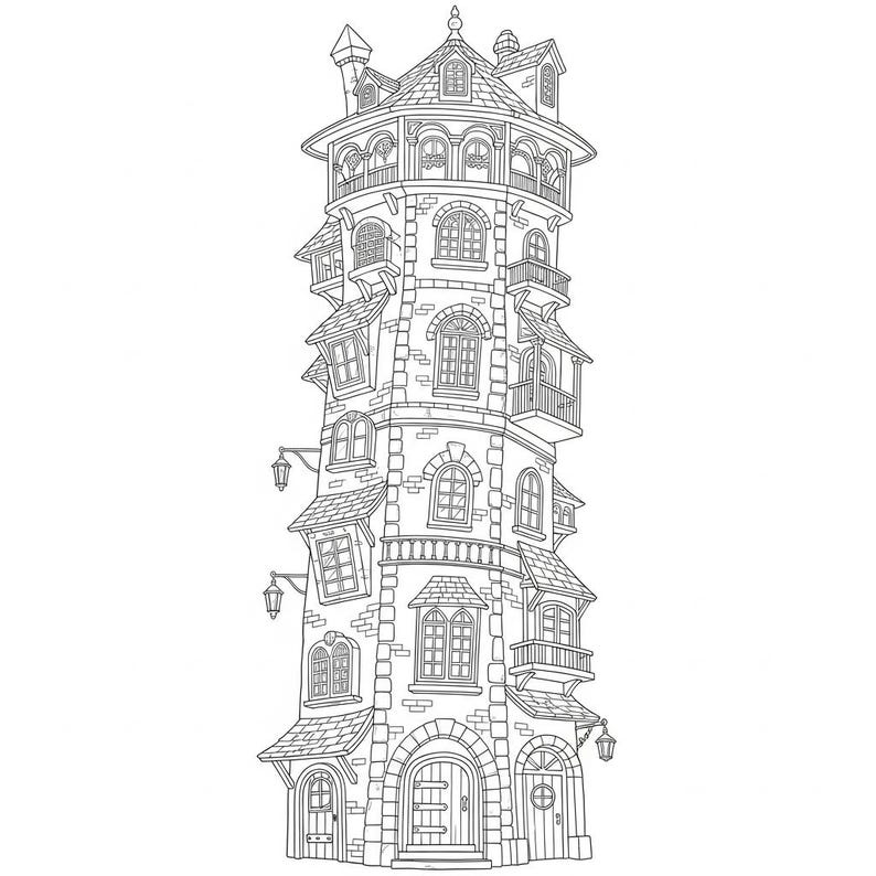 May include: Detailed black and white illustration of a tall, whimsical tower. The tower features multiple levels with arched windows, balconies, and a peaked roof. Exterior details include lanterns and a brick facade, creating a fairytale aesthetic.