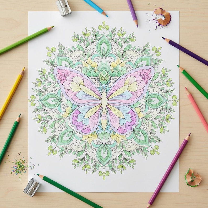 May include: A completed butterfly coloring page with a detailed mandala design. The butterfly is colored in pastel shades of pink, yellow, and blue. Colored pencils and sharpeners surround the page on a wooden surface.