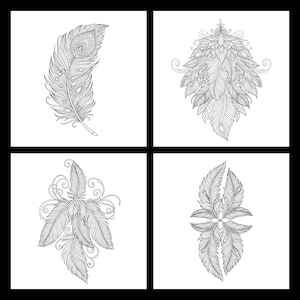 A black and white 4-grid preview showcasing detailed feather line art from a 60-page coloring book collection. Designs include a highly ornate single peacock feather and three symmetrical bohemian feather arrangements with swirls and jewel-like patterns. These high-quality illustrations are optimized for adult relaxation, boho-themed art therapy, and printable meditation activities.