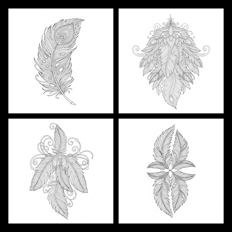 A black and white 4-grid preview showcasing detailed feather line art from a 60-page coloring book collection. Designs include a highly ornate single peacock feather and three symmetrical bohemian feather arrangements with swirls and jewel-like patterns. These high-quality illustrations are optimized for adult relaxation, boho-themed art therapy, and printable meditation activities.