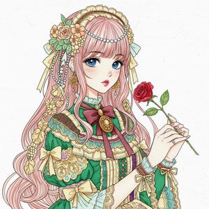 May include: An illustration of a woman with pink hair and blue eyes, wearing a green dress with gold and burgundy accents. She holds a red rose. The image has a vintage, anime-inspired style, with detailed floral and pearl embellishments.