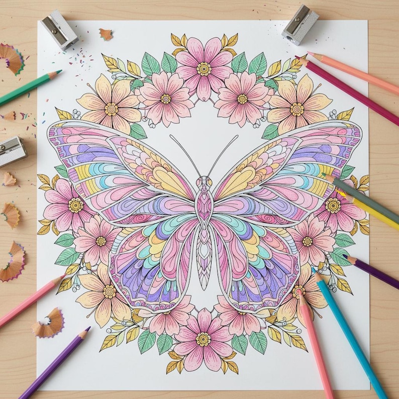 Desenho para colorir de mandala floral com borboletas + páginas bônus ...